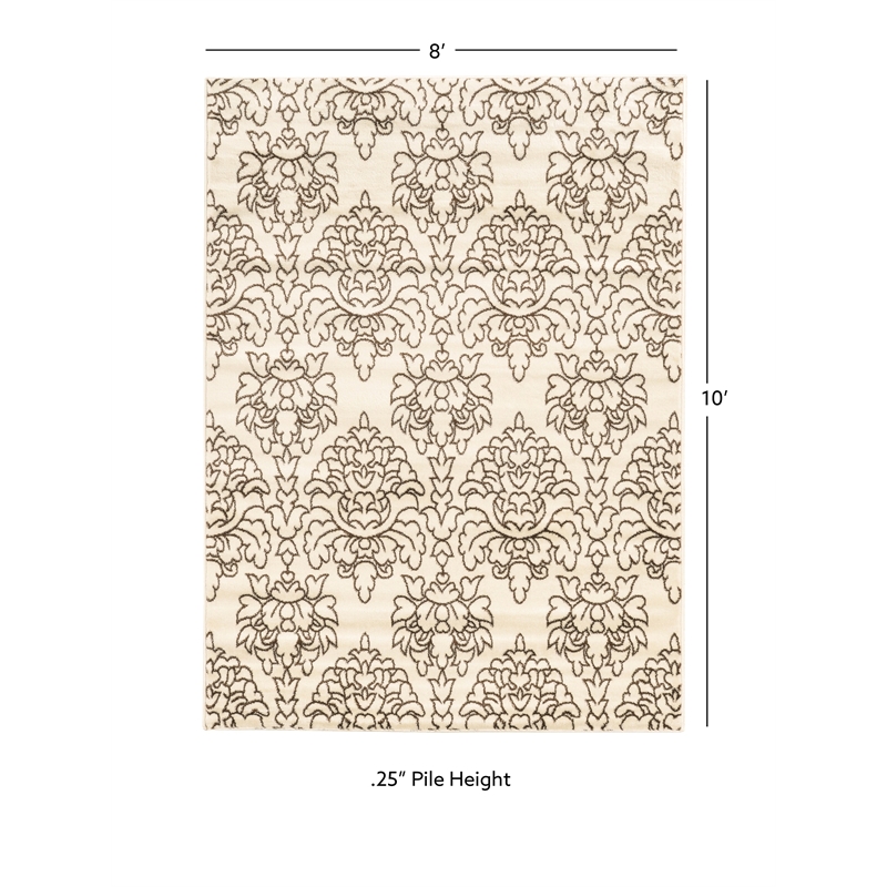 Linon Elegance Damask Polypropylene 8'x10' Rug in Cream and Brown
