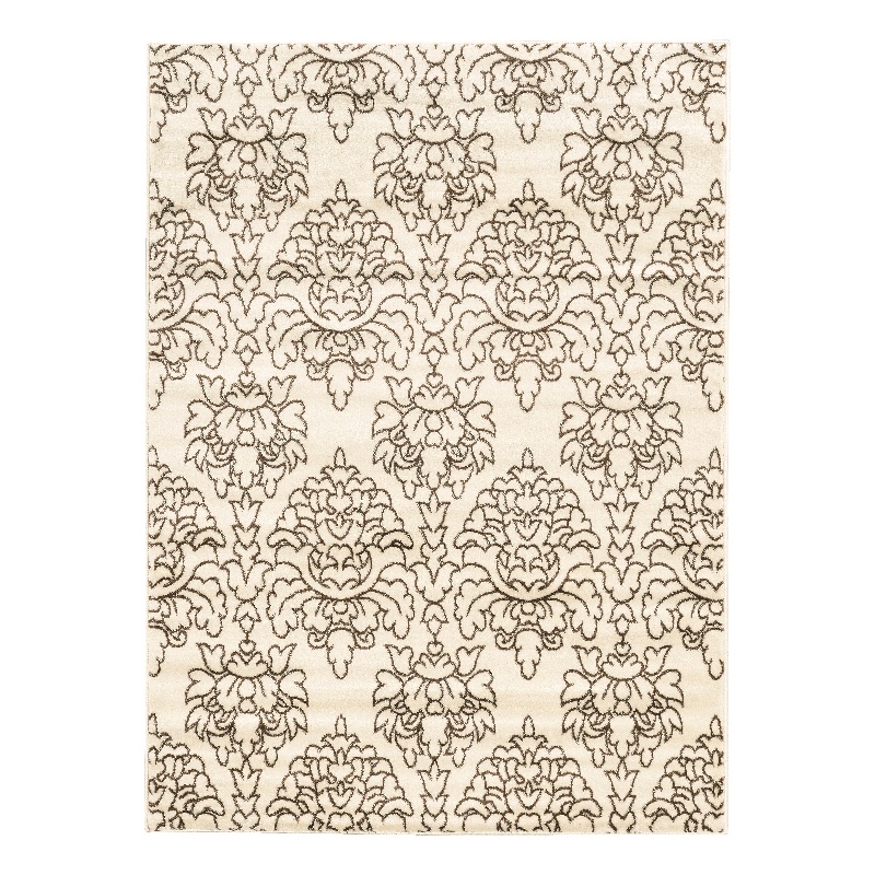 Linon Elegance Damask Polypropylene 8'x10' Rug in Cream and Brown