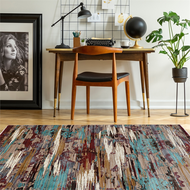 Linon Emporium Sunset Polypropylene 3'x5' Rug in Gold and Burgundy