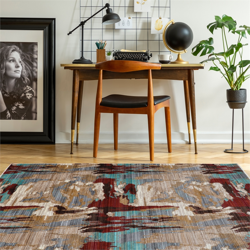 Linon Emporium Volcano Polypropylene 3'x5' Rug in Beige and Teal