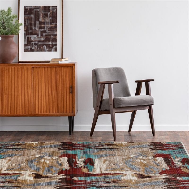 Linon Emporium Volcano Polypropylene 5'x8' Rug in Beige and Teal