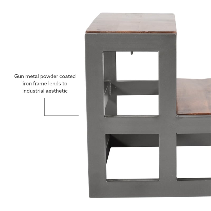 Linon Benny Sturdy Wood Bed Steps Minimalist Style Iron Frame in Gunmetal Gray