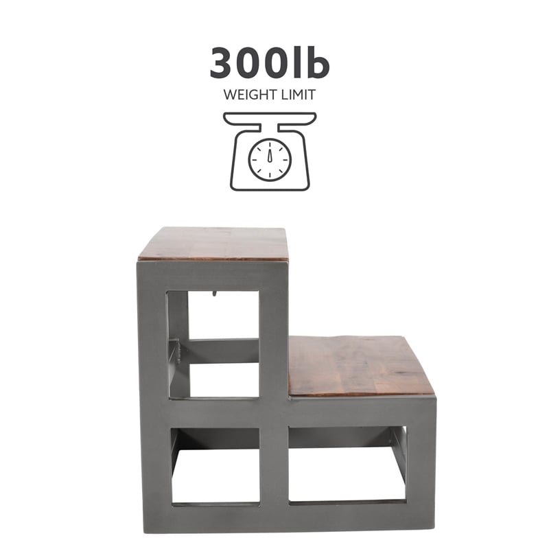 Linon Benny Sturdy Wood Bed Steps Minimalist Style Iron Frame in Gunmetal Gray