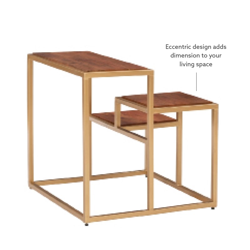 Linon Elijah Three Tiered Wood and Iron Side Table/Plant Stand in Gold/Natural