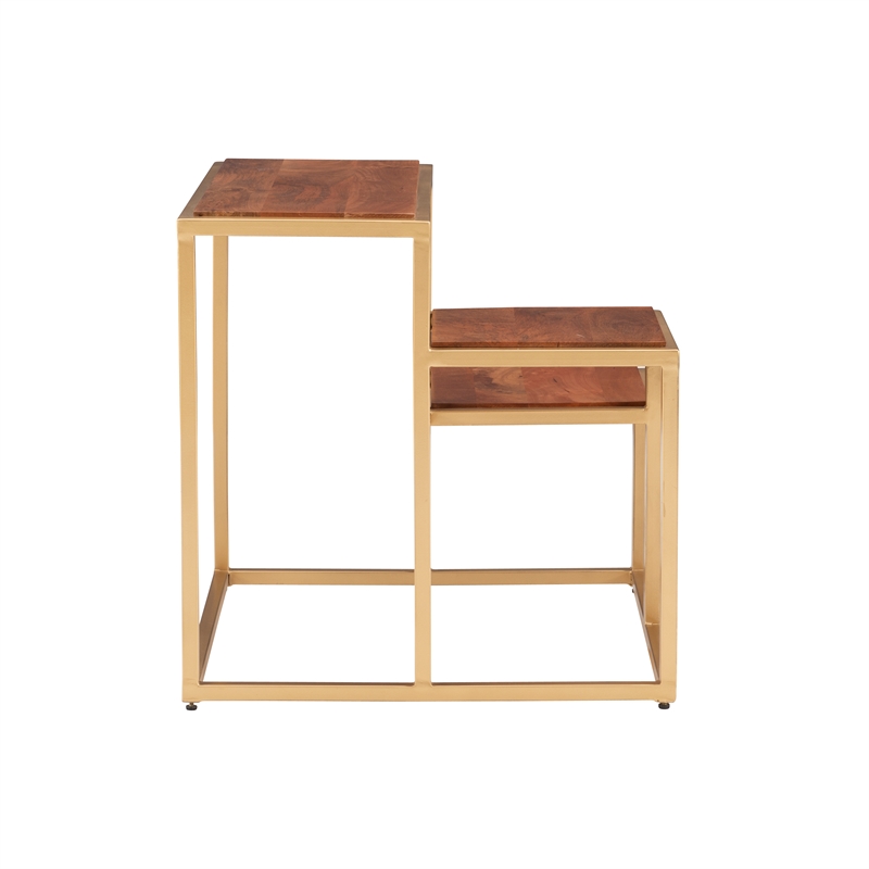 Linon Elijah Three Tiered Wood and Iron Side Table/Plant Stand in Gold/Natural