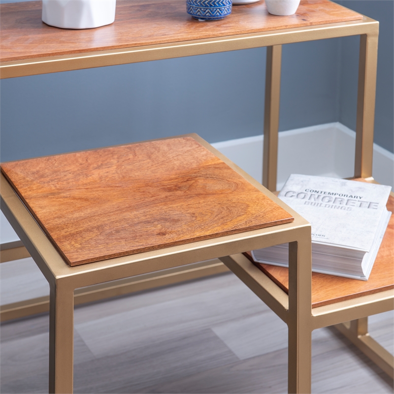 Linon Elijah Three Tiered Wood and Iron Side Table/Plant Stand in Gold/Natural