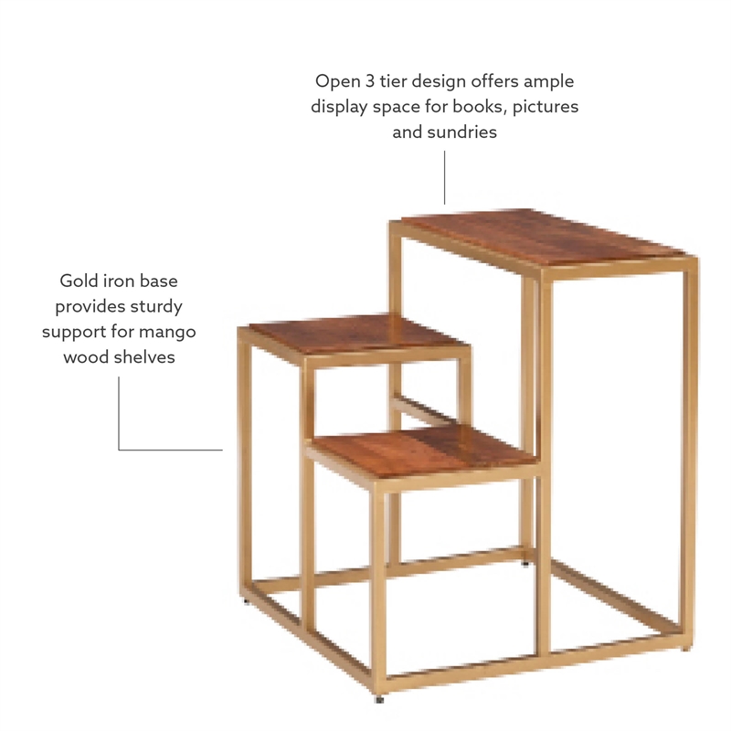 Linon Elijah Three Tiered Wood and Iron Side Table/Plant Stand in Gold/Natural