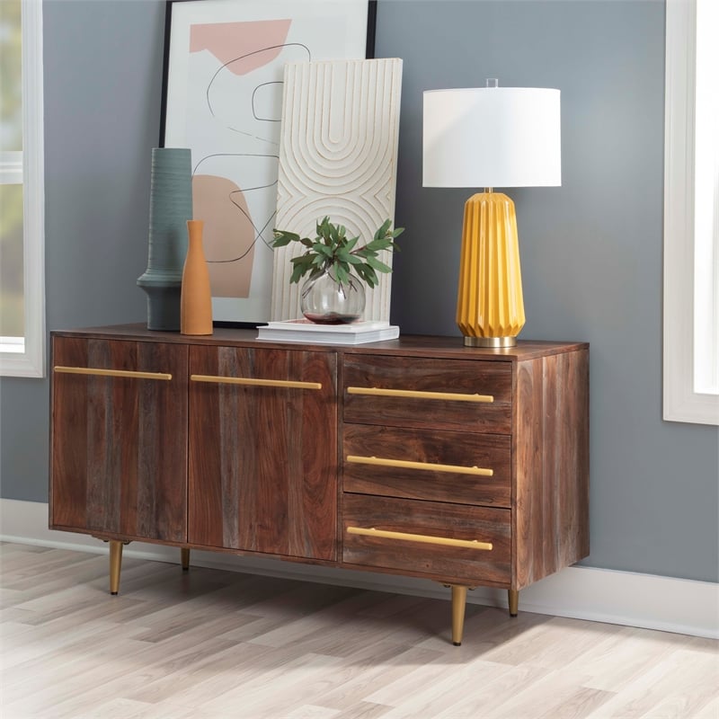 Linon Aurora Acacia Wood Console with Shelves Drawers and Gold Accents in Brown