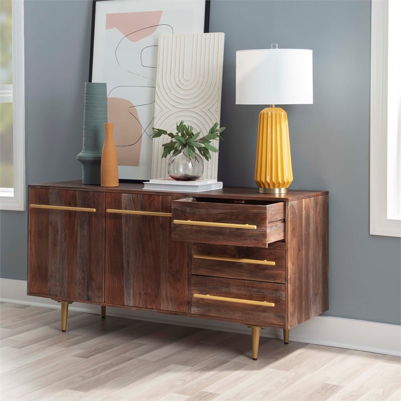 Linon Aurora Acacia Wood Console with Shelves Drawers and Gold Accents in Brown