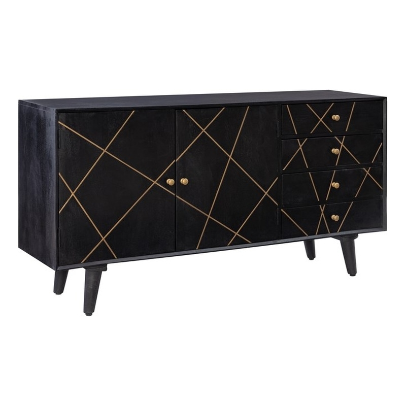 Linon Alivia Mango Wood Console 4 Drawers 2 Shelves in Black with Gold