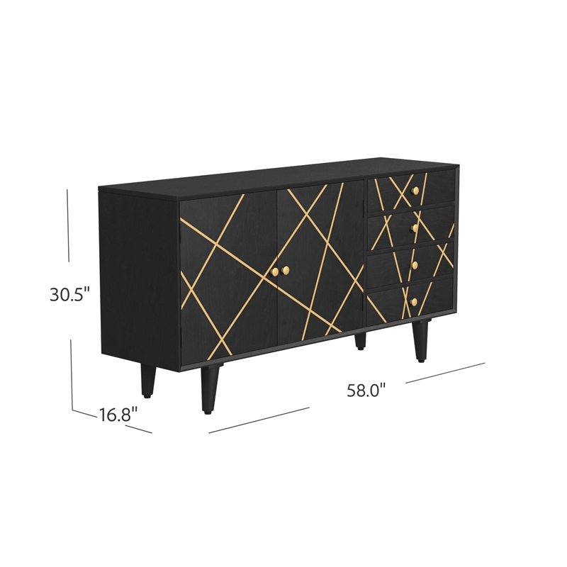 Linon Alivia Mango Wood Console 4 Drawers 2 Shelves in Black with Gold Lines