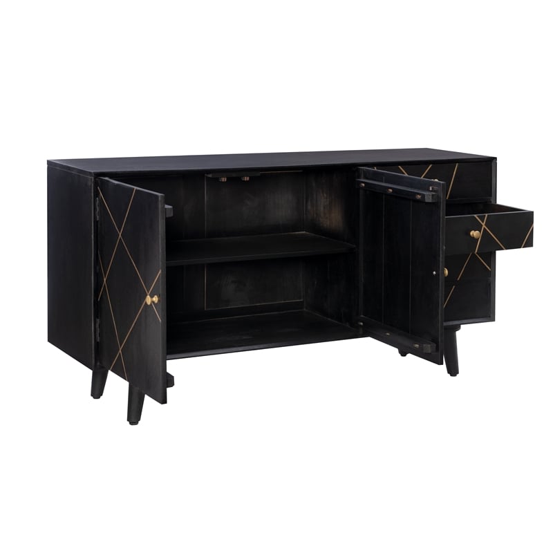 Linon Alivia Mango Wood Console 4 Drawers 2 Shelves in Black with Gold Lines