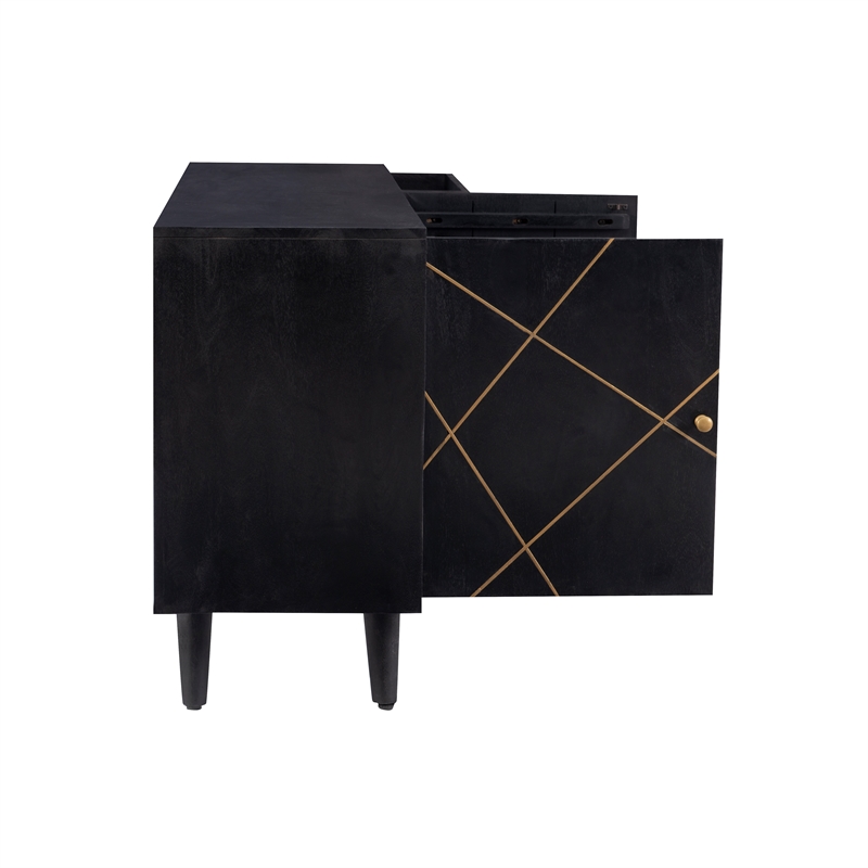 Linon Alivia Mango Wood Console 4 Drawers 2 Shelves in Black with Gold Lines