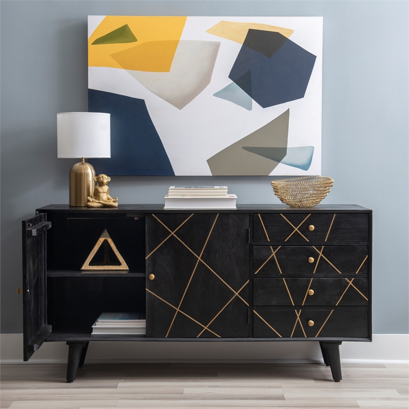 Linon Alivia Mango Wood Console 4 Drawers 2 Shelves in Black with Gold Lines