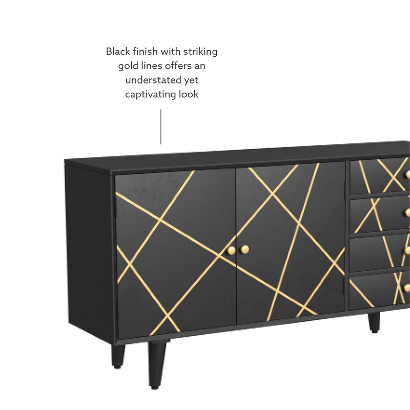 Linon Alivia Mango Wood Console 4 Drawers 2 Shelves in Black with Gold Lines