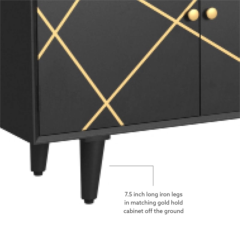 Linon Alivia Mango Wood Console 4 Drawers 2 Shelves in Black with Gold Lines
