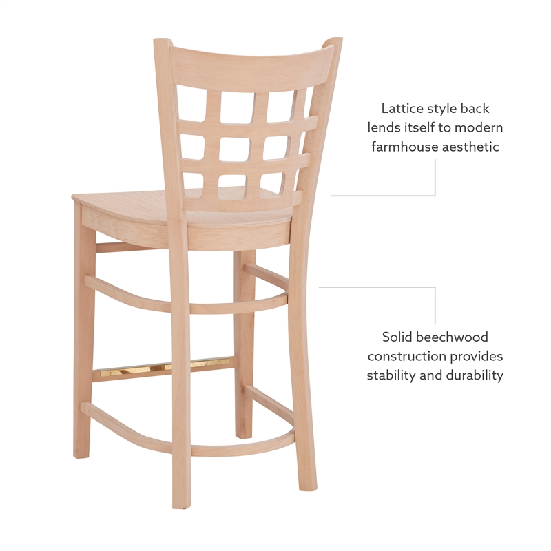 Linon Flint Set of 2 Lattice Back Counter Stools in Unfinished Natural Wood