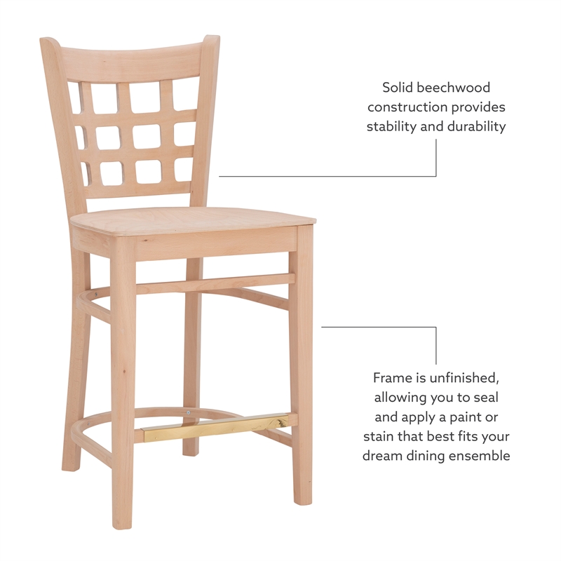 Linon Flint Set of 2 Lattice Back Counter Stools in Unfinished Natural Wood