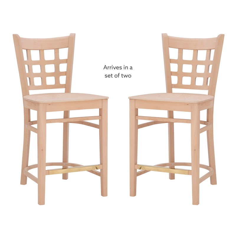 Linon Flint Set of 2 Lattice Back Counter Stools in Unfinished Natural Wood
