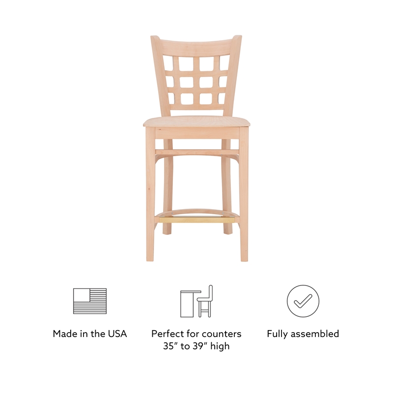 Linon Flint Set of 2 Lattice Back Counter Stools in Unfinished Natural Wood