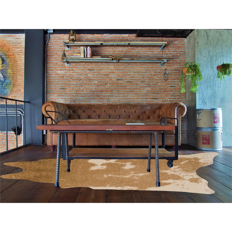 Linon Faux Hide Polyester Cowhide Tufted Printed Area Rug in Caramel and Cream