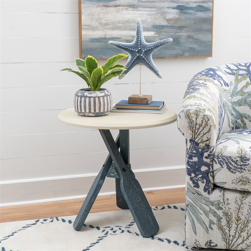 Linon Opal Distressed Wood Coastal Canoe Paddle Side Table in Blue/Cream