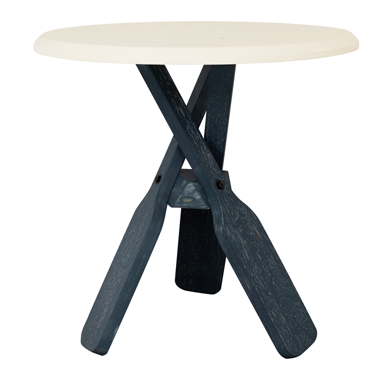 Linon Opal Distressed Wood Coastal Canoe Paddle Side Table in Blue/Cream