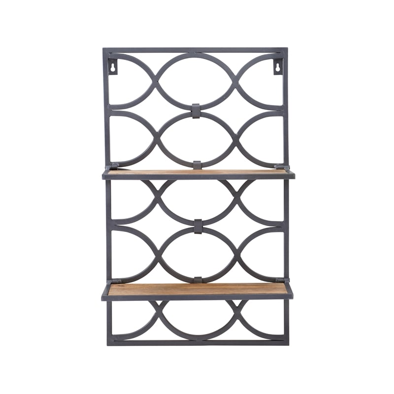 Linon Eli Wall Shelves Natural Distressed Wood Interwoven Iron Frame in Charcoal