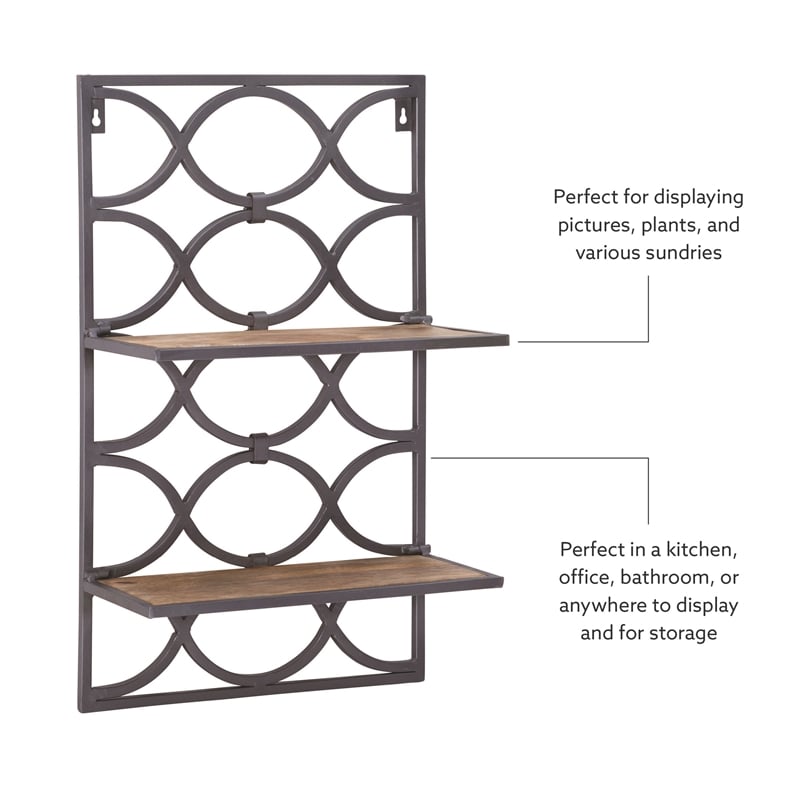 Linon Eli Wall Shelves Natural Distressed Wood Interwoven Iron Frame in Charcoal