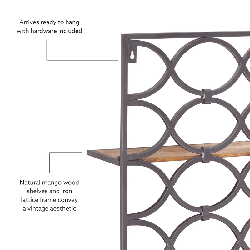 Linon Eli Wall Shelves Natural Distressed Wood Interwoven Iron Frame in Charcoal