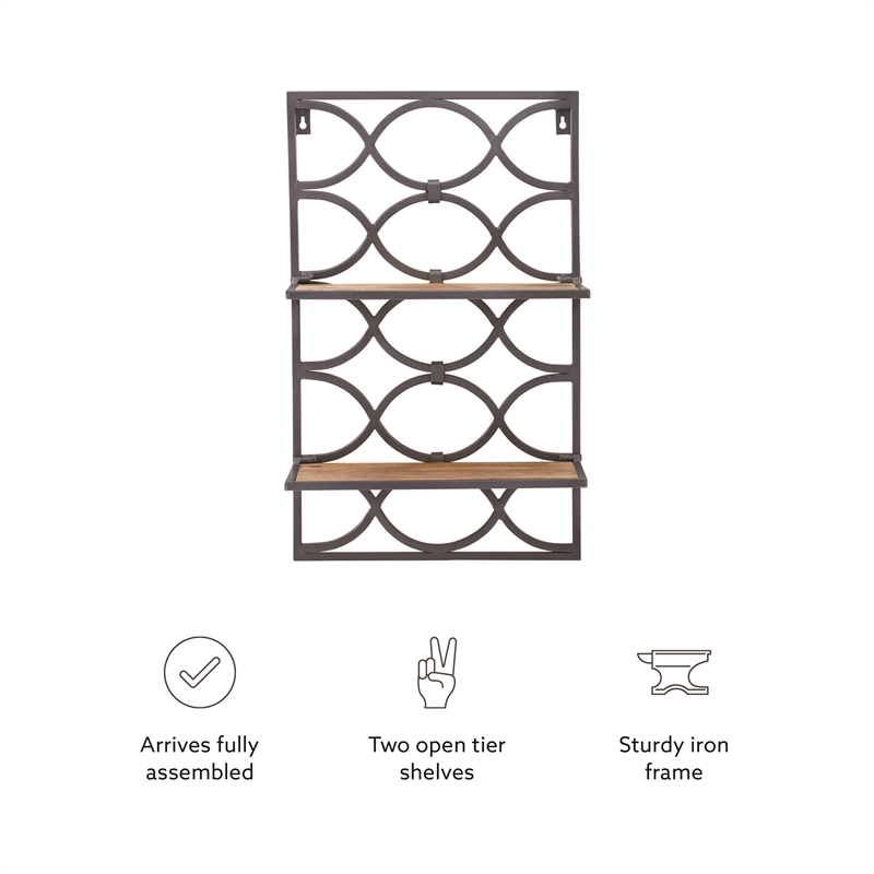 Linon Eli Wall Shelves Natural Distressed Wood Interwoven Iron Frame in Charcoal
