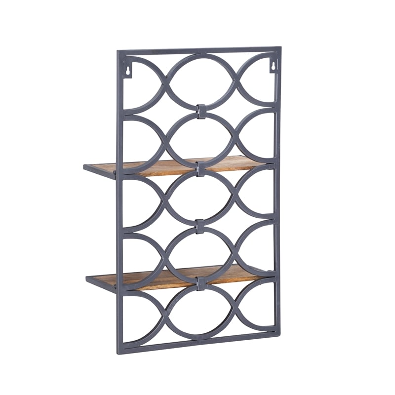 Linon Eli Wall Shelves Natural Distressed Wood Interwoven Iron Frame in Charcoal