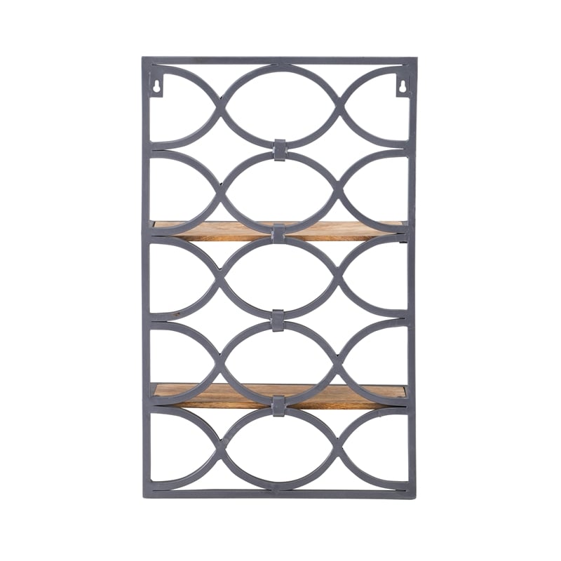 Linon Eli Wall Shelves Natural Distressed Wood Interwoven Iron Frame in Charcoal
