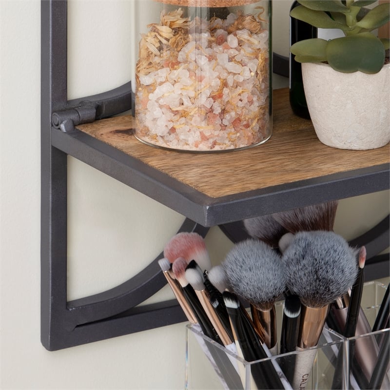 Linon Eli Wall Shelves Natural Distressed Wood Interwoven Iron Frame in Charcoal