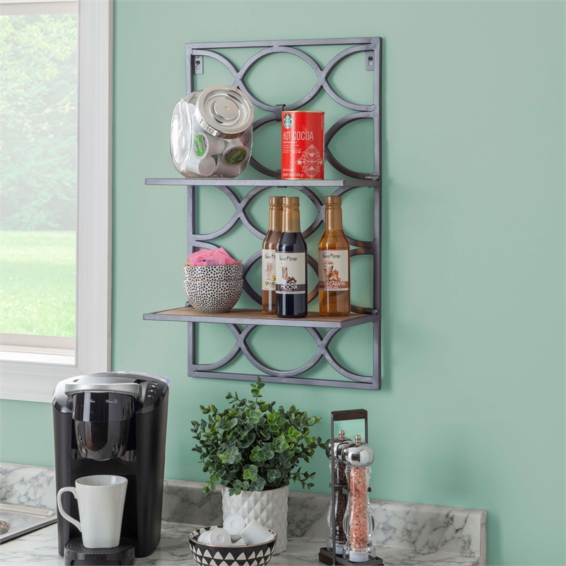 Linon Eli Wall Shelves Natural Distressed Wood Interwoven Iron Frame in Charcoal