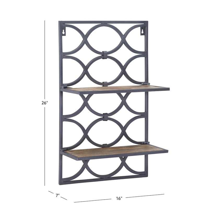 Linon Eli Wall Shelves Natural Distressed Wood Interwoven Iron Frame in Charcoal