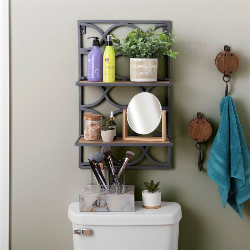 Linon Eli Wall Shelves Natural Distressed Wood Interwoven Iron Frame in Charcoal