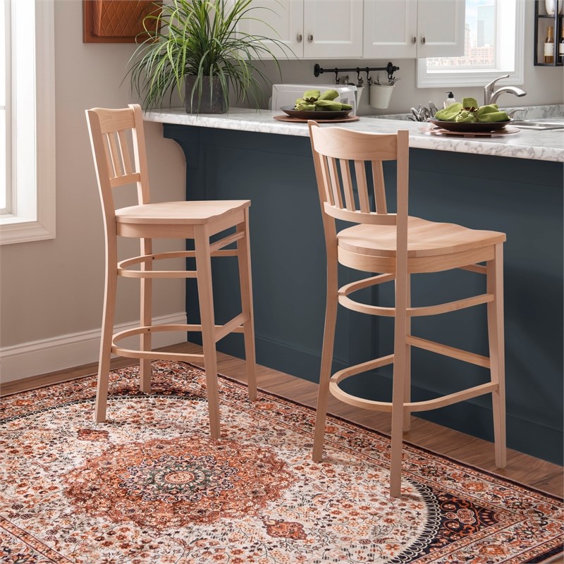 Linon Adella Set of 2 Slat Back Barstools Commercial Grade in Unfinished Wood