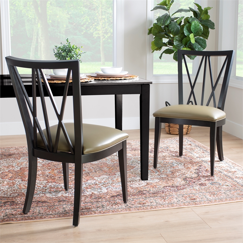 Linon Preston Set of Two Faux Leather Dining Chairs in Black Beechwood