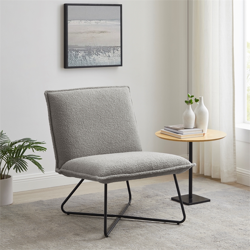 Linon Mavis Accent Chair Upholstered in Gray Sherpa with Black Metal Legs
