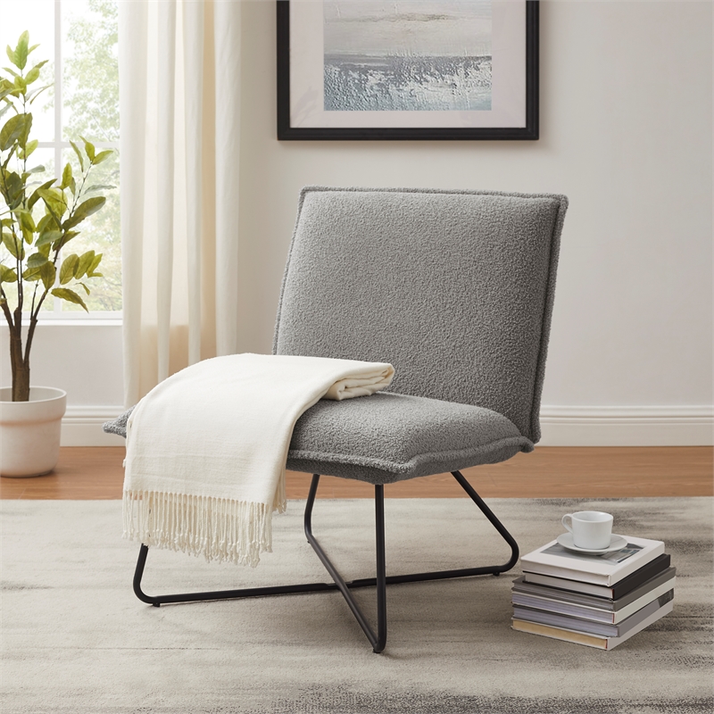 Linon Mavis Accent Chair Upholstered in Gray Sherpa with Black Metal Legs