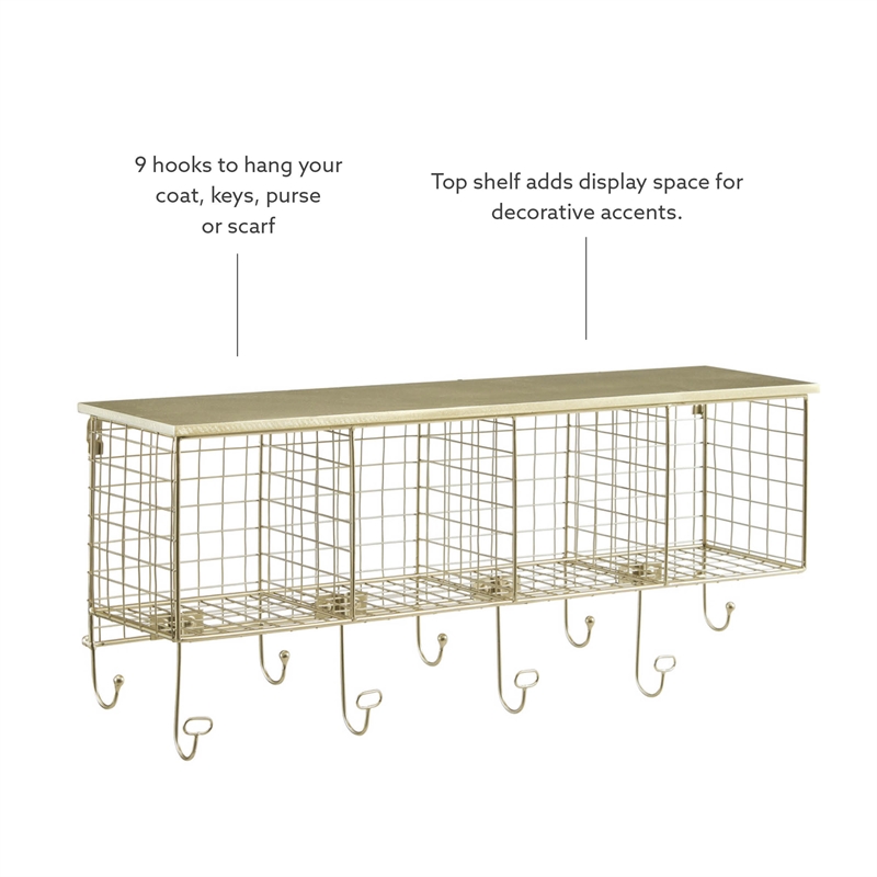 Linon Four Cubby Metal Wall Shelf in Gold
