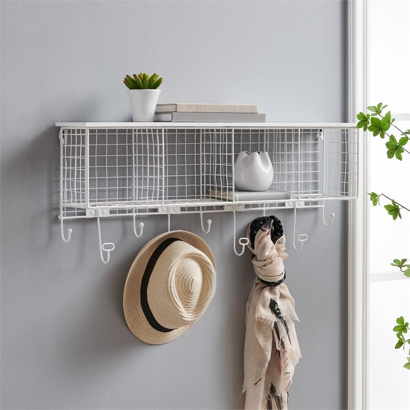 Linon Four Cubby Metal Wall Shelf with Top Shelf and 9 Hooks in White