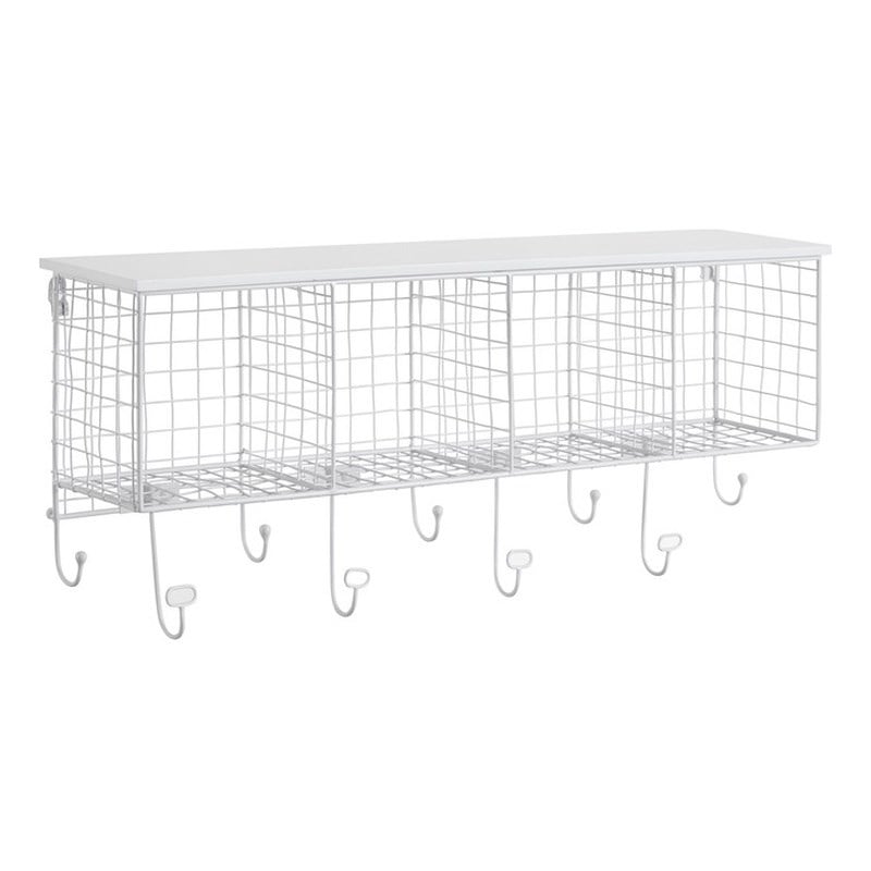 Linon Four Cubby Metal Wall Shelf with Top Shelf and 9 Hooks in White