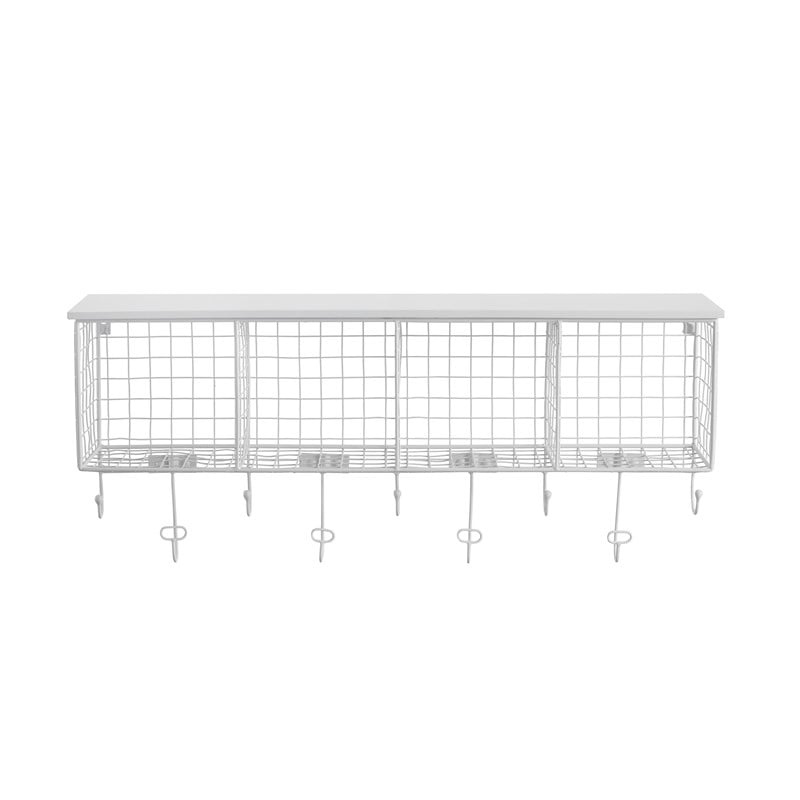 Linon Four Cubby Metal Wall Shelf with Top Shelf and 9 Hooks in White