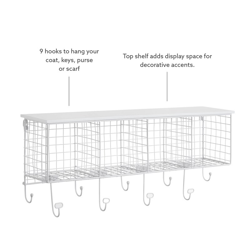 Linon Four Cubby Metal Wall Shelf with Top Shelf and 9 Hooks in White