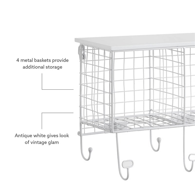 Linon Four Cubby Metal Wall Shelf with Top Shelf and 9 Hooks in White