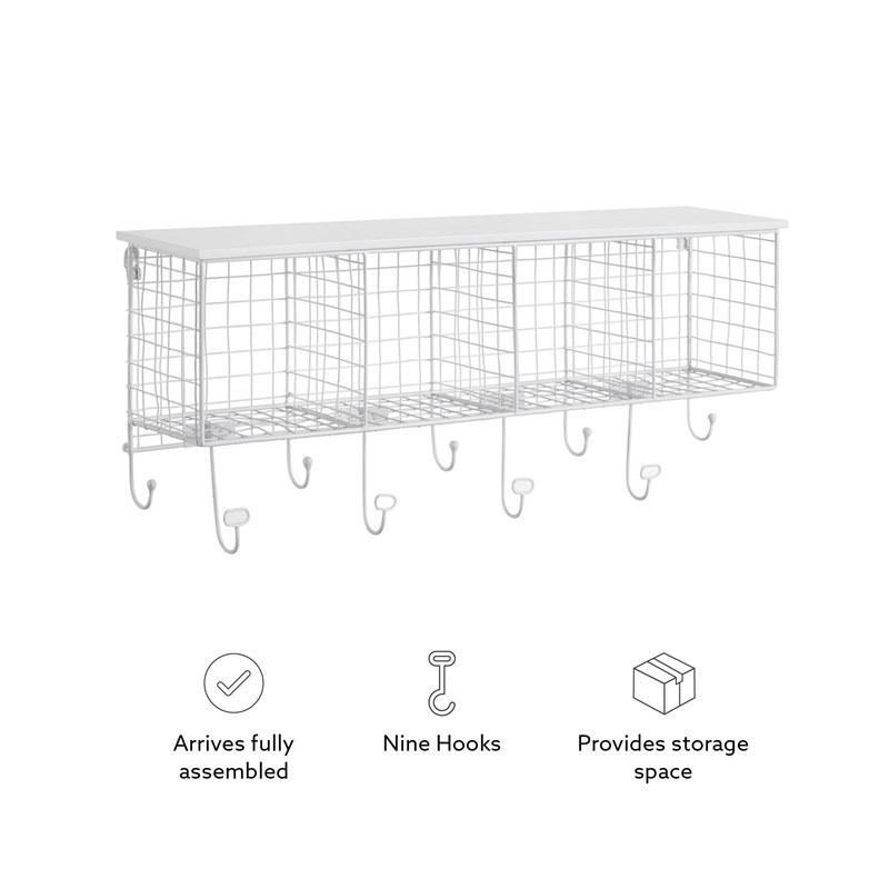 Linon Four Cubby Metal Wall Shelf with Top Shelf and 9 Hooks in White