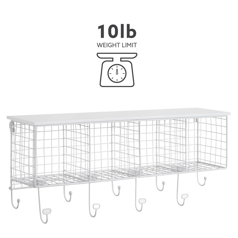 Linon Four Cubby Metal Wall Shelf with Top Shelf and 9 Hooks in White