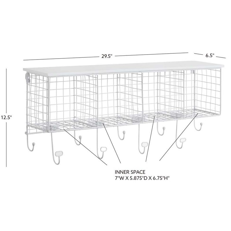 Linon Four Cubby Metal Wall Shelf with Top Shelf and 9 Hooks in White